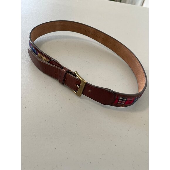 Fossil Genuine Leather Plaid Fabric Belt Unisex Medium Brown Multicolor Bohemian - Picture 2 of 12